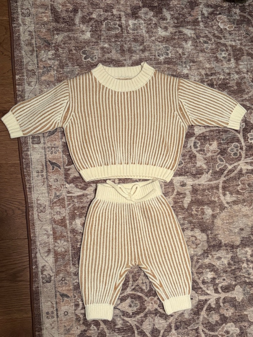 Quincy Mae Cream and Tan Ribbed Knit Baby Set